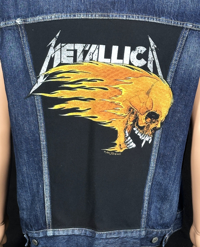 Upcycle Metallica Levi's Denim Vest Jacket Pushead Flaming Skull Men's XLarge