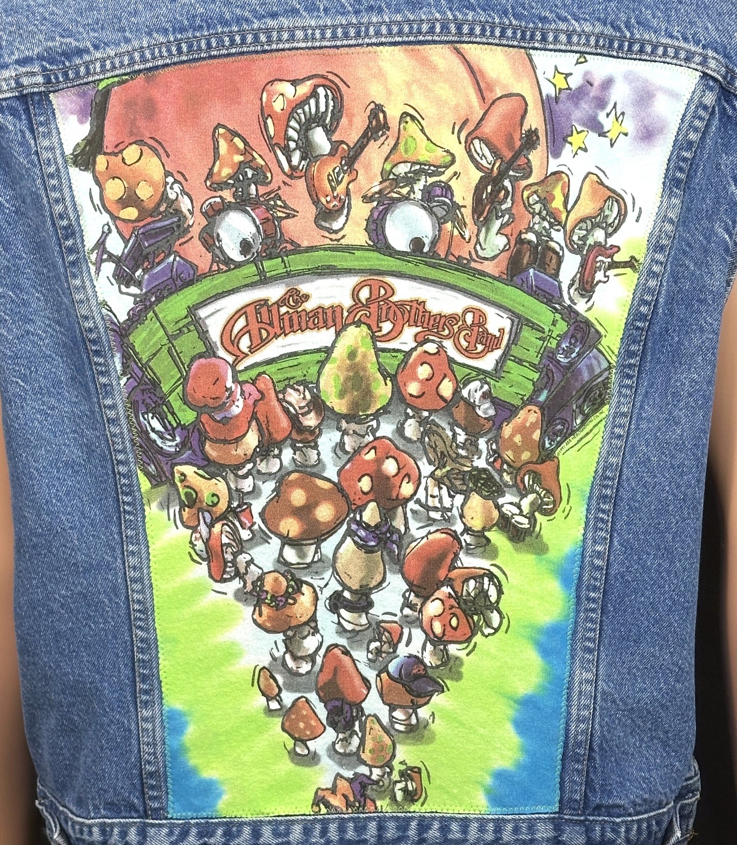 Upcycle Allman Brothers Band Levi's Denim Vest Jacket Mushrooms Vintage USA 52R Men's XLarge