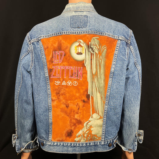 Upcycle Led Zeppelin Levis Denim Jacket ZOSO Tie Dye Vintage USA 44 Mens Large Womens XLarge