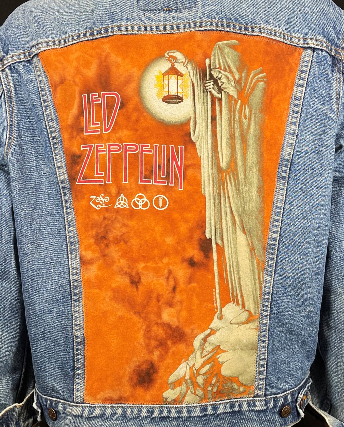 Upcycle Led Zeppelin Levis Denim Jacket ZOSO Tie Dye Vintage USA 44 Mens Large Womens XLarge
