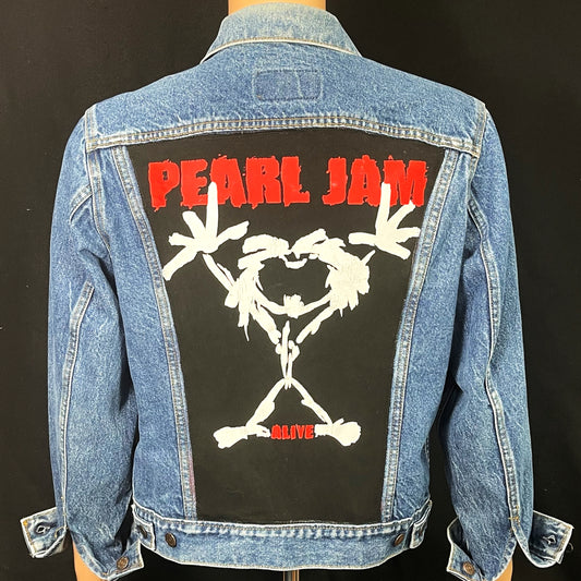 Upcycle Pearl Jam Levis Denim Jacket Alive Vintage USA 42R Mens Small Womens Medium