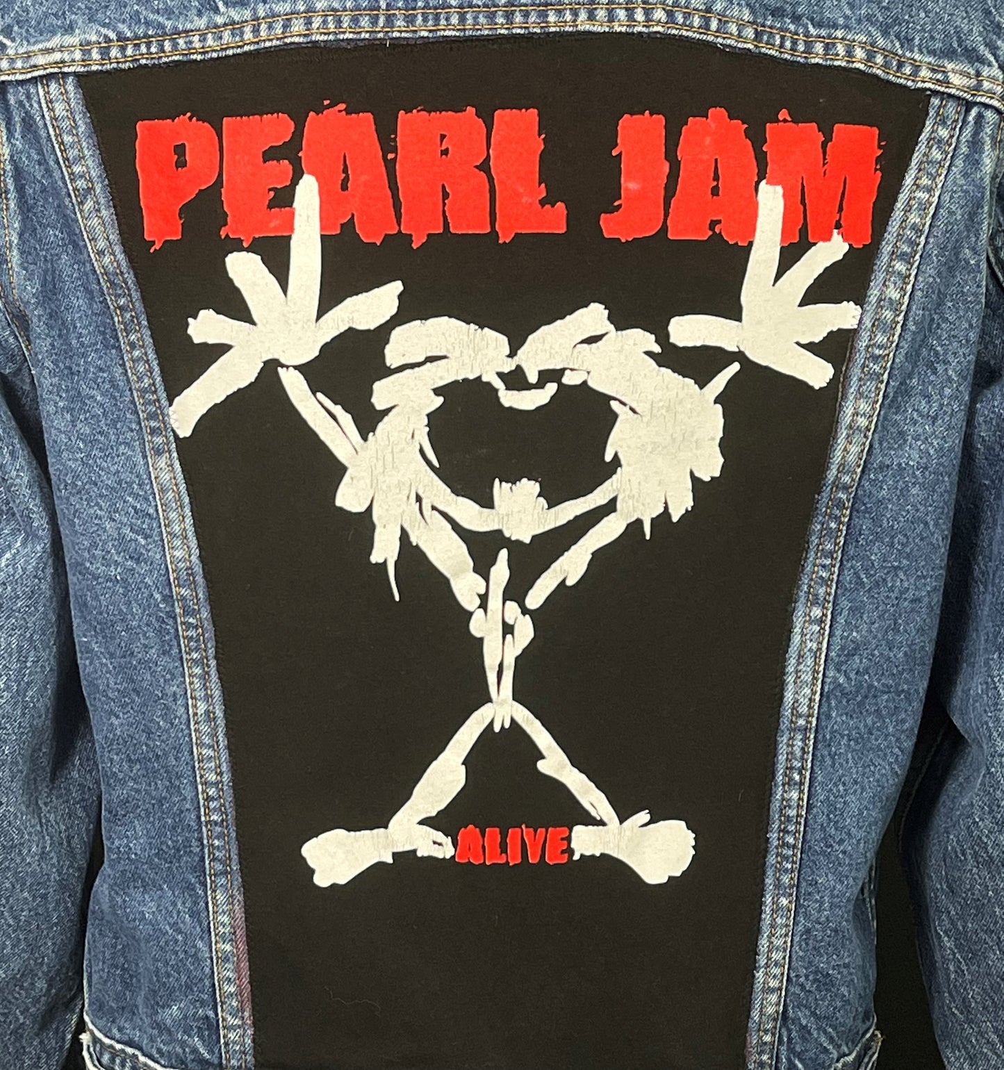 Upcycle Pearl Jam Levis Denim Jacket Alive Vintage USA 42R Mens Small Womens Medium