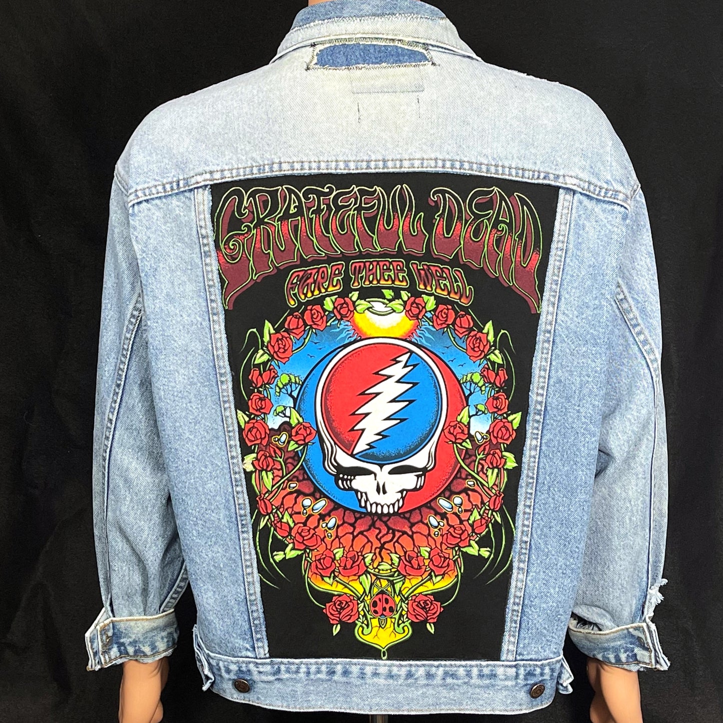 Upcycle Grateful Dead Levi's Denim Jacket Fare Thee Well Distressed Men's Large Women's XLarge