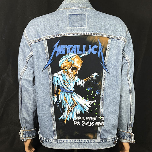 Upcycle Metallica Levi's Denim Jacket Their Money Tips Her Scales Again Men's Large Women's XLarge