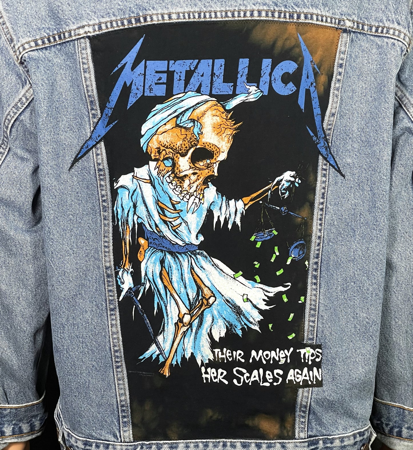 Upcycle Metallica Levi's Denim Jacket Their Money Tips Her Scales Again Men's Large Women's XLarge