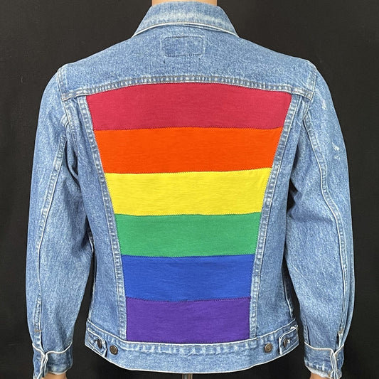 Upcycle Gay Pride Rainbow Flag Levi's Denim Jacket Vintage USA 40R Men's Small Women's Medium